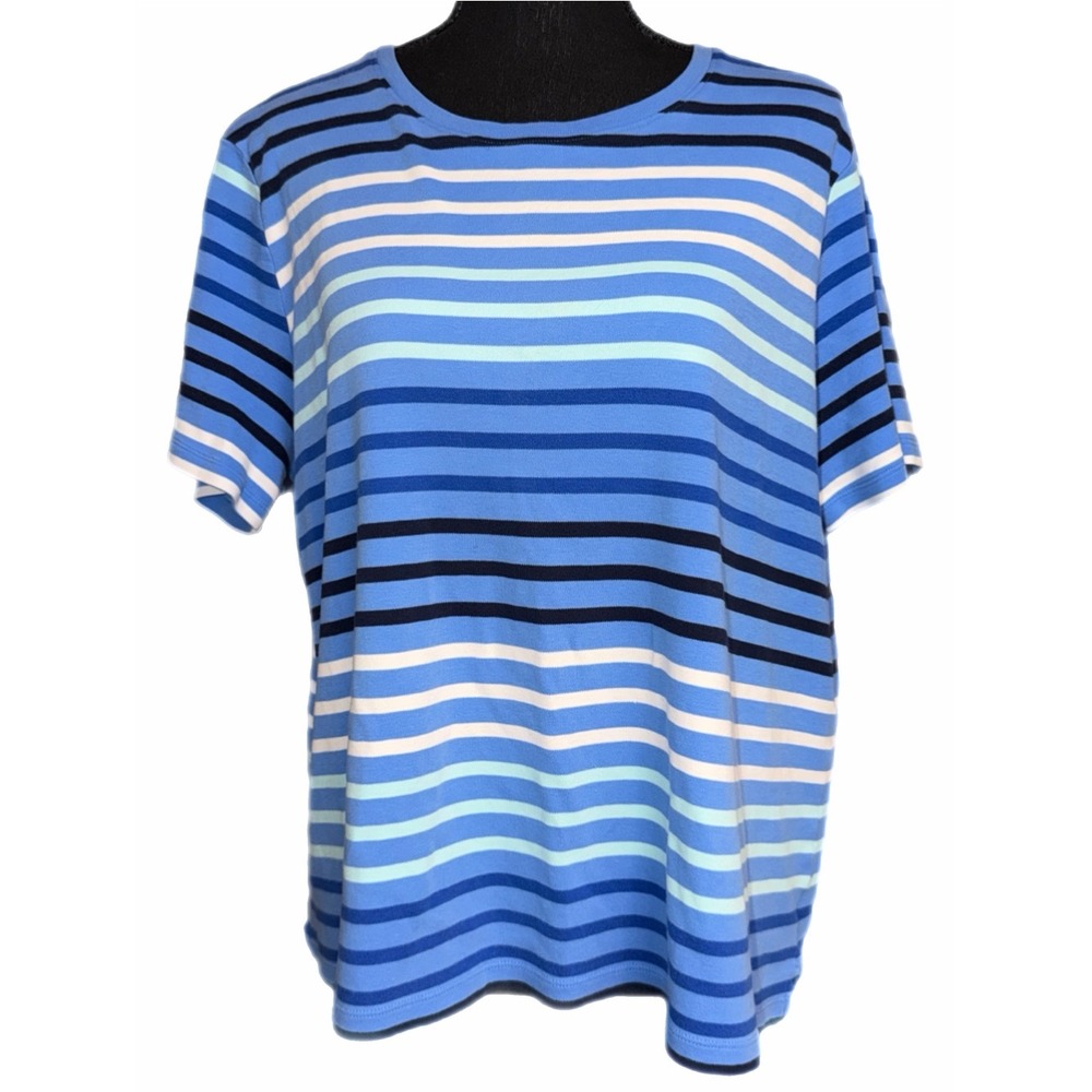 Kim Rogers Womens XL Blue Multi Stripe Short Sleeve Crew Neck Tee Shirt
